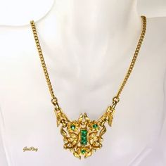 Victorian Revival Pendant Necklace Hammered Ornate Etruscan - Etsy Antique Gold Jewelry With Rhinestones, Victorian Gold Jewelry With Rhinestones, Ornate Gold Jewelry With Rhinestones, Victorian Emerald Necklace, Victorian 14k Gold Pendant Necklace, Victorian Green Pendant Jewelry, Ornate Green Pendant Jewelry, Victorian Yellow Gold Enamel Necklace, Gold Collar Necklace