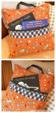 an orange bag with black and white designs on it