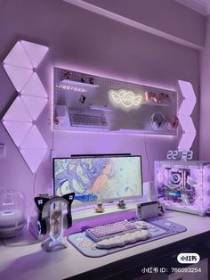 a desk with a computer, keyboard and mouse on it in front of a purple wall