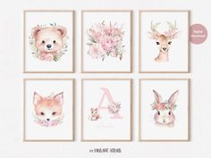 Pink Woodland Nursery, Forest Nursery Girl, Woodland Creatures Nursery, Woodland Nursery Girl, Forest Animal Nursery, Blush Pink Flowers, Wall Decor Prints, Baby Girl Nursery Themes, Girl Room Decor