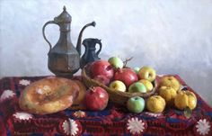 an oil painting of apples and other fruit on a table with a teapot, bread, and pitcher