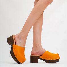 Clog High Heels Closed Toe Platform Women Orange Leather Closed Toe Platform Slippers, Yellow Leather Closed Toe Clogs, Leather Sole Open Toe Slip-on Clogs, Leather Clogs With Reinforced Heel, Closed Toe, Open Toe Leather Sole Slip-on Clogs, Orange Slippers, Slipper Shoes Women, Studded Clogs, Orange Wedges