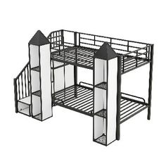 a metal bunk bed with two white and black bedspreads on the bottom