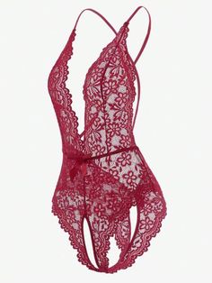 Introducing our Floral Lace Crotchless Teddy Bodysuit, a blend of elegance and allure. Embrace the artistry of contrast lace and scallop details, adorning a deep V-neckline. Experience comfort with slight stretch lace, a mellow style that exudes confidence. Unveil your charm in this semi-sheer masterpiece. Hand washable for lasting beauty. Elevate your wardrobe with this exquisite lace teddy. Specifications: Neckline: Deep V Neck Style: Mellow Type: Teddies Pattern Type: Plain Bra Type: Bralette Lace Backless Bodysuit With Lined Body, Backless Lace Bodysuit With Lined Body, Lace V-neck Bodysuit For Party, Luxury Lace Stretch Intimates, Lace Backless Bodysuit With Lace Trim, Backless Lace Bodysuit With Lace Trim, Red Sleeveless Lace Sleepwear, Elegant V-neck Lace Trim Bodysuit, Red Sheer Lace Sleepwear