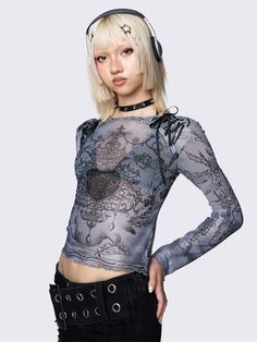 Discover the enchanting allure of Y2K with our Lace Up Grey Mesh Top. Featuring bow detail and a abstract all-over graphic print, this top is a cute addition to any outfit. Shop now at Minga London! Minga London, Grey Lace, Outfit Shop, Bow Detail, Mesh Top, Graphic Prints, Shop Now, Lace Up, Mesh