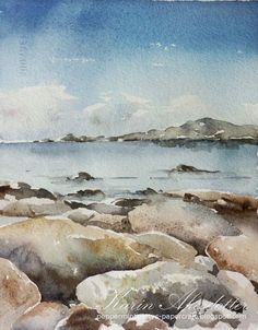 a watercolor painting of rocks and the ocean