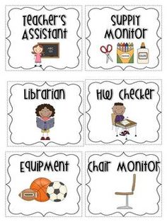 four classroom labels with different types of items for each teacher's student to use