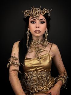 Black And Gold Prom Dress Snakes, Cleo Patra Dress, Monster High Halloween Costumes Cleo De Nile Gold Mummy Body Suit, Luxury Cosplay Costume For Costume Party, Luxury Women's Halloween Costumes, Luxury Party Costume Headband, Luxury Halloween Costume Headpieces, Medusa Masks, Vampire Makeup Ideas