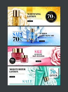 three banners for beauty products with flowers and perfume bottles on them stock photo - illustration