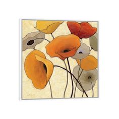 a painting of orange and yellow flowers on a white background with brown, black, gray, and green accents