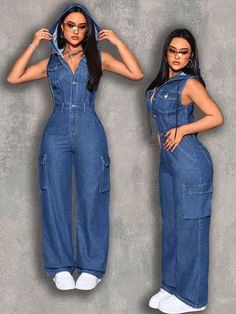 Women's Casual Sleeveless Drawstring Hooded Jumpsuit With Flap Pockets Medium Wash Casual  Sleeveless Denim Plain Shirt Non-Stretch  Women Clothing, size features are:Bust: ,Length: ,Sleeve Length: Moda Denim, Play Suit, Jeans Outfit Women, Shein Icon, Denim Wear, Plain Shirt, Classy Casual Outfits, Jeans Casual, African Design Dresses