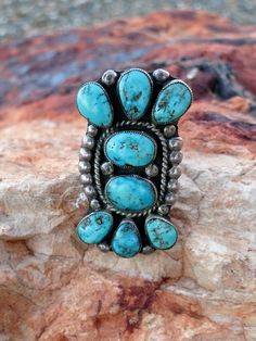 VINTAGE NAVAJO BEAUTY, Turquoise Ring, Sz 7, Sterling, Circa 1950's Collectible Multi-stone Turquoise Oval Ring, Vintage Turquoise Multi-stone Jewelry, Vintage Multi-stone Turquoise Jewelry, Vintage Turquoise Cabochon Ring, Vintage Cabochon Turquoise Ring, Vintage Oval Turquoise Ring Collectible, Vintage Turquoise Ring For Anniversary, Vintage Oval Turquoise Gemstone Ring, Vintage Turquoise Multi-stone Rings