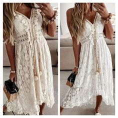 This Gorgeous Boho Lace Dress Is A Light Butter Cream Color And So Cheerful & Sweet. You'll Love The Intricate Detail Of The Boho Lace Dress With Mini Tassels That Adorn The V-Neck Bodice, And Pompom Tassels Which Hang From Braided Ornate Gold, White, And Cream Cords. Adjustable Shoulder Straps And A Smocked Back Make For A Comfortable And Forgiving Fit. Material: Self 100% Cotton, Lining 100% Polyester Sizes: Small-4 Medium- 6 Large- 8/10 Xl- 12 Xxl- 14/16 2x- 18/20 3x- 22/24 4x- 26 Measurement Boho Lace Dress, Animal Print Maxi Dresses, Preppy Women, White Boho Dress, Tassel Dress, Vintage Floral Dress, Bow Detail Dress, White Dresses For Women, Boho Lace