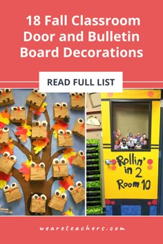 fall classroom door and bulletin board decorations with text overlay that reads, read full list