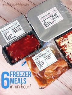 four freezer meals in plastic containers on a wooden table with text overlay that reads, 6 freezer meals in an hour