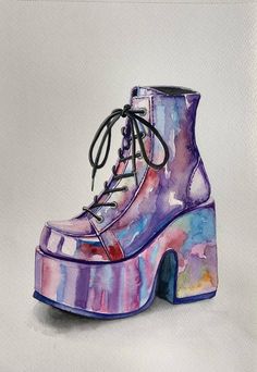 a watercolor painting of a purple boot with black laces on the bottom and heel