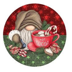 a painting of a gnome with a hot cocoa mug