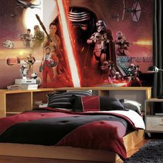 a star wars themed bedroom with darth vader wallpaper