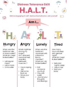 HALT 1-page printable handout. Although this is not an official DBT skill, it can be used to supplement distress tolerance and emotion regulation skills by teaching students helpful questions to increase self-awareness of underlying factors that might be affecting their emotions.8.5"x11" digital dow... Halt Method, Emotional Regulation For Adults, Dbt Activities, Distress Tolerance Skills, Distress Tolerance