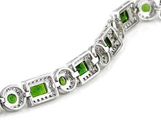 8.98ctw emerald cut and round Russian chrome diopside with 3.36ctw round white zircon rhodium over sterling silver bracelet. Measure approximately 0.25"W. Hidden box clasp with two safety closures. Modern Green Cubic Zirconia Jewelry, Green Chrome, Box Clasp, Broken Chain, Pearl Strands, Green Gemstones, Sterling Silver Bracelet, Emerald Cut, Gemstone Colors