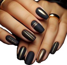 Black Gel X Nail Designs, Black And Gold Nail Designs, Abstract Nail, Sunflower Nails, Gold Nail Designs, Matte Black Nails, Gold Nail, Fall Nail Designs