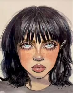 a drawing of a woman with bangs and blue eyes