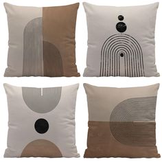 four pillows with different designs on them, one is white and the other is brown