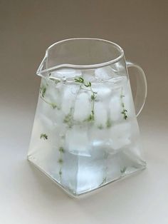 a glass pitcher filled with ice and green plants in it's bottom half, sitting on a white surface