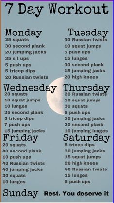 the 7 day workout plan is shown in blue and white, with an image of the moon