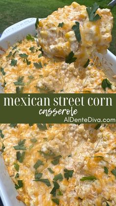 mexican street corn casserole in a white dish with green leaves on top and text overlay