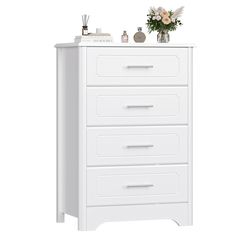 a white chest of drawers with flowers on top