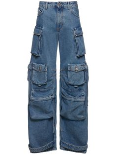 Front button and concealed zip closure. Belt loops. Three front pockets. Six cargo pockets. Model is wearing a size26 Clothes Bottoms, Baggy Cargo Jeans, Pants Short, The Attico, Versace Brand, High Heel Rain Boots, Frayed Jeans, Jeans Cargo, Cargo Jeans