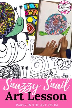 an art lesson for kids with the title, crazy snail art lesson party in the art room