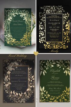 four different types of wedding cards with gold foil and green leaves on the front, one in