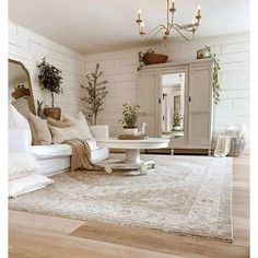 a living room filled with furniture and a rug on top of a hard wood floor