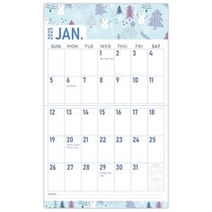 a calendar with the word jan on it and snowflakes in blue, white and pink