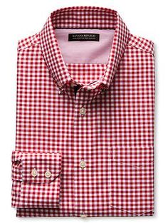 Tailored Slim-Fit Non-Iron Royal Gingham Oxford Plaid Button-up Dress Shirt For Work, Classic Gingham Dress Shirt For Work, Gingham Button-up Shirt For Business, Button Down Collar, Chest Pocket, Gingham, Banana Republic, Oxford, Slim Fit