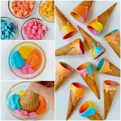 ice cream cones are decorated with colorful icing