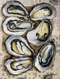 a painting of oysters sitting on top of a newspaper