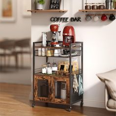 a coffee bar with shelves and baskets on the wall