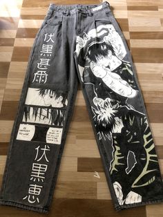 Custom Anime Clothes, Jujutsu Kaisen Fashion, Toji Outfit Ideas, Jujutsu Kaisen Clothes, Pant Painting, Jjk Clothes, Painting Pants, Anime Jeans, Jujutsu Kaisen Toji