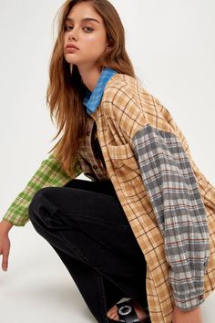 Looking for something cozy and stylish to keep you warm this winter? Check out our Oversized Plaid Colorblock Shirt! This shirt is made of soft flannel material, in a trendy check plaid pattern. It's an oversized fit, so it's perfect for layering over a cute turtleneck or under a cozy sweater. Plus, the front pockets are perfect for storing your phone, keys, or sunglasses. So don't miss out on this must-have piece grab one before they're all gone! Check plaid Colorblock Flannel type Oversize fit Relaxed Fit Plaid Flannel Shacket, Trendy Plaid Cotton Shacket, Oversized Plaid Flannel Shacket, Oversized Plaid Shirt For Fall, Casual Flannel Patchwork Top, Casual Flannel Top With Patchwork, Trendy Plaid Flannel Shirt Relaxed Fit, Trendy Relaxed Fit Plaid Flannel Shirt, Oversized Patchwork Shirt For Fall