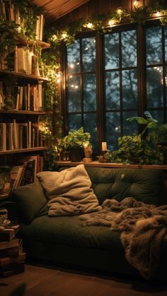 a living room filled with furniture and lots of plants in front of a large window