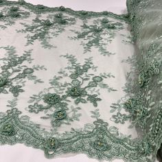 Beaded Double Sided 3D Floral Lace Trimming Embroidered on 100% Polyester Net Mesh | Lace USA Corded Lace Fabric, Vegas Shows, Sage Color, Corded Lace, Indian Fabric, Bridal Tiara, Embroidered Lace, Hunter Green, Hand Beading