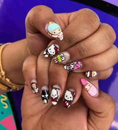 Hello Kitty And Friends Nails, Sanrio Nails Short, Spring Break Nails, Cute Short Nails, Spring Acrylic Nails, Broken Nails, Hello Kitty Characters