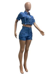 Fashion Sexy Casual Stretch Denim Two Piece Trendy Fitted Denim Top With Pockets, High Waist Denim Jacket With Pockets, Cargo Jean Shorts, Denim Two Piece, Denim Set, Crop Top With Jeans, Plus Size Denim, Set Outfits, Stretch Denim Shorts