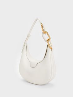 White Kora Metallic-Accent Moon Bag Charles And Keith Bags White, White Bag Outfit, Charles Keith Bags, Charles And Keith Bags, Women Hand Bags, Purse Aesthetic, Summer Purse, Expensive Bag, Moon Bag