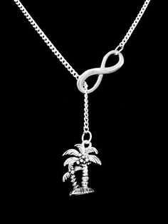 Palm Tree Necklace, Beach Nautical Charm Necklace, Ocean Gift Infinity Lariat Necklace Silver Jewelry For Vacation, Silver Clavicle Chain Charm Necklace For Beach, Silver Charm Necklace For Summer Gift, Silver Charm Necklaces For Summer Gifts, Adjustable Silver Jewelry For Vacation, Adjustable Silver Charm Necklace For Beach, Adjustable Silver Charm Necklace For The Beach, Silver Clavicle Necklace For Summer, Silver Collar Charm Necklace For Summer