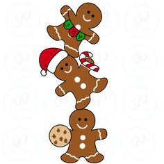 three gingerbreads stacked on top of each other wearing santa hats and holding cookies