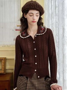 Shay Peter Pan Collar Embroidered Contrast Cutout Cardigan – Simple Retro Retro Long Sleeve Cardigan, Fitted Brown Collared Sweater, Fitted Floral Embroidery Tops For Winter, Trendy Fitted Brown Cardigan, Embroidered Fitted Casual Sweater, Fitted Embroidered Casual Sweater, Fitted Casual Embroidered Sweater, Fitted Long Sleeve Cardigan With Floral Embroidery, Fitted Brown Sweater For Spring